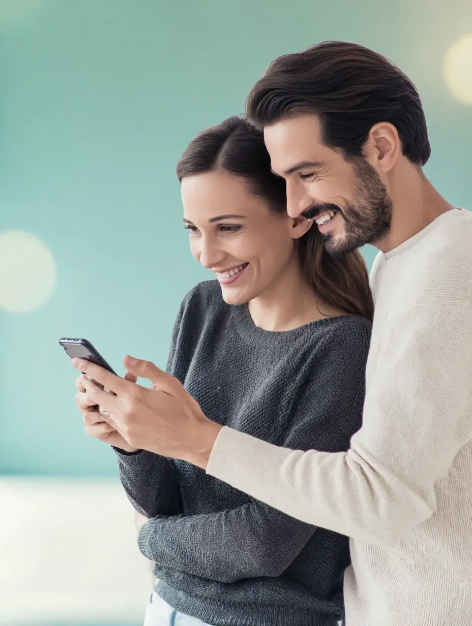 Happy couple celebrating loan approval on their phone